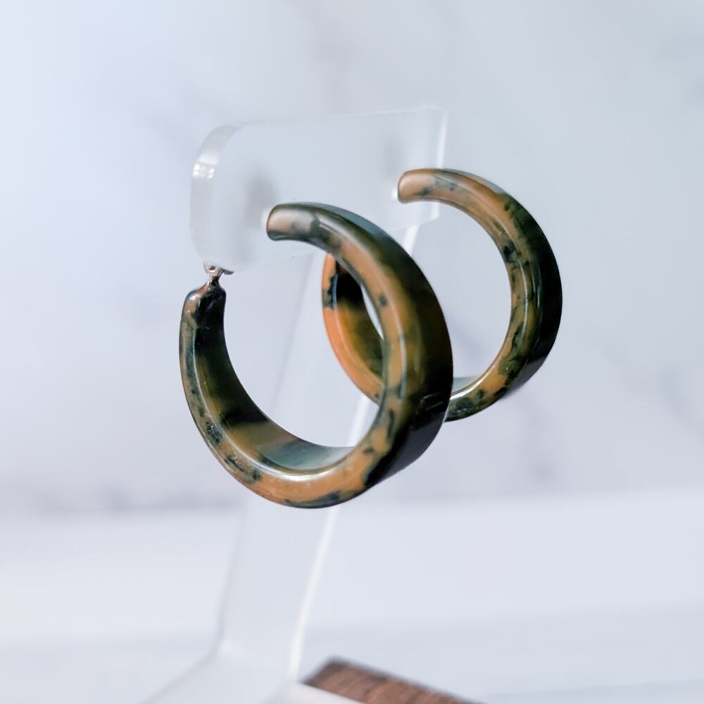 Vintage Clip On Earrings Large Retro Green & Orange Hoops Statement